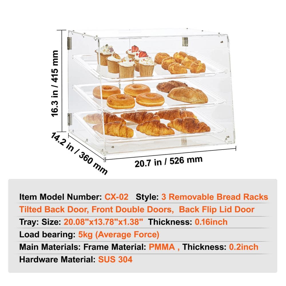 Clear Acrylic 3-Tier Pastry Display Case with Removable Trays