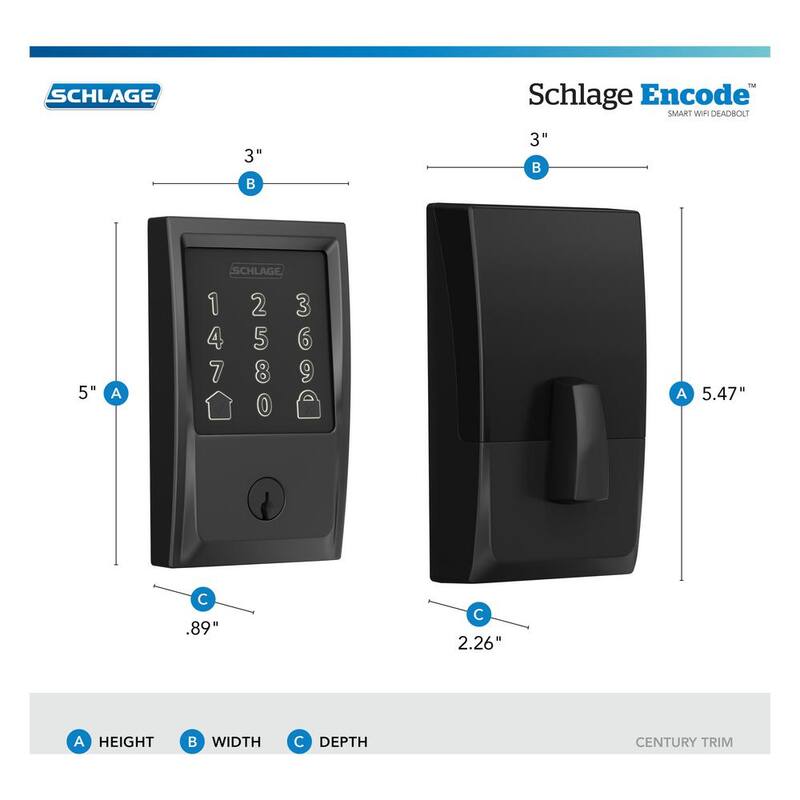 Century Encode Smart Wifi Deadbolt Door Lock with Alarm and Latitude Lever Handleset in Matte Black