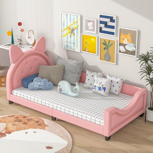 Harper & Bright Designs Pink Twin Size Upholstered Daybed with Carton Ears Shaped Headboard