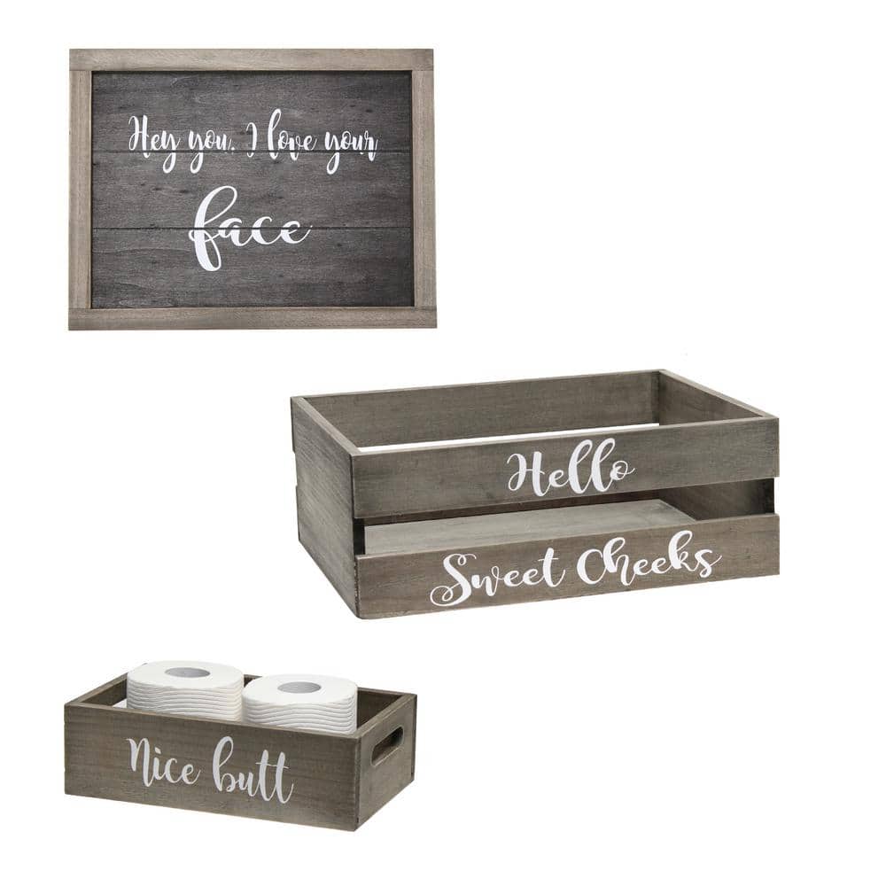 3-Piece Decorative Wood Bathroom Set, Large, Cheeky (1-Towel Holder, 1-Fram
