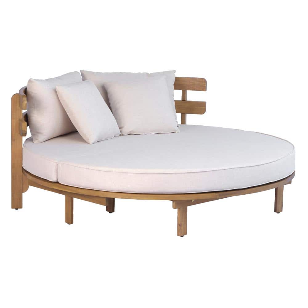 Patio Brown Wood Outdoor Day Bed with Beige Cushions