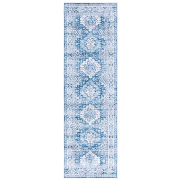 Arizona 3 ft. x 8 ft. Light Blue/Blue Machine Washable Distressed Border Ornate Runner Rug