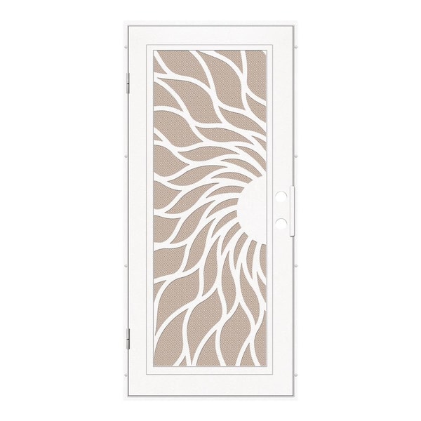 Unique Home Designs 36 in. x 80 in. Sunfire White Right-Hand Surface Mount Aluminum Security Door with Desert Sand Perforated Metal Screen
