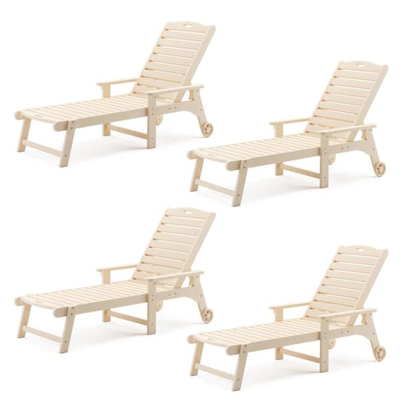 LUE BONA Helen Sand Recycled Plastic Ply Adjustable Outdoor Reclining Chaise Lounge Chairs With Wheels for Poolside (Set of 4)