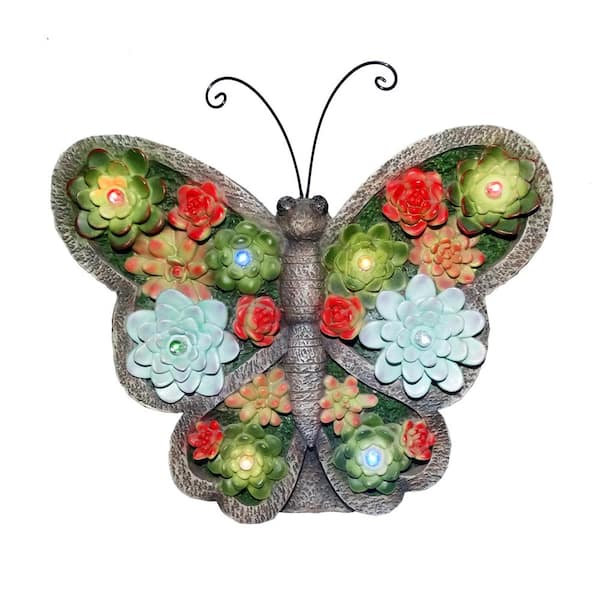 Alpine Corporation 11 in. Tall Solar Polyresin Butterfly Statue with Floral Design and LED Lights