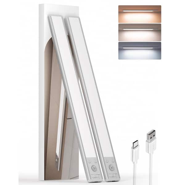 14.57 in. 2-Pack Battery Operated Wireless USB Charging White Integrated LED Linkable Under Cabinet Light, Closet Light