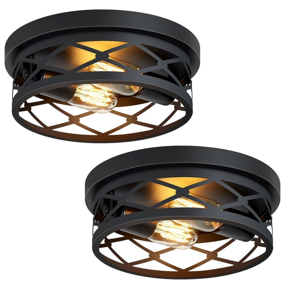 HKMGT 10.7 in. 2-Light Farmhouse Black Flush Mount Ceiling Light