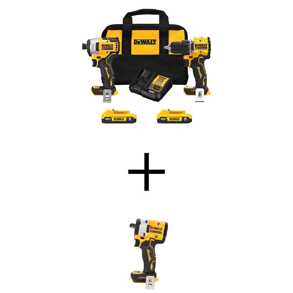 DEWALT ATOMIC 20V MAX Lithium-Ion Cordless Combo Kit (2-Tool) and 1/2 in. Impact Wrench with (2) 2Ah Batteries, Charger and Bag -  DCK225D2WCF921B