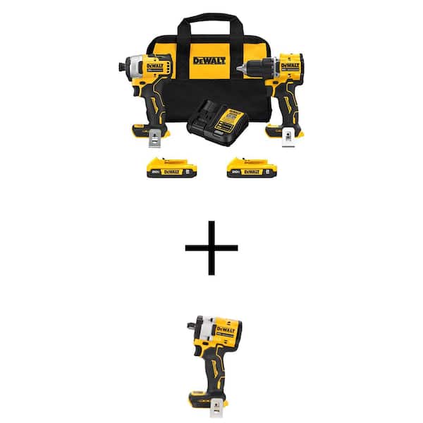 DEWALT ATOMIC 20V MAX Lithium-Ion Cordless Combo Kit (2-Tool) and 1/2 in. Impact Wrench with (2) 2Ah Batteries, Charger and Bag