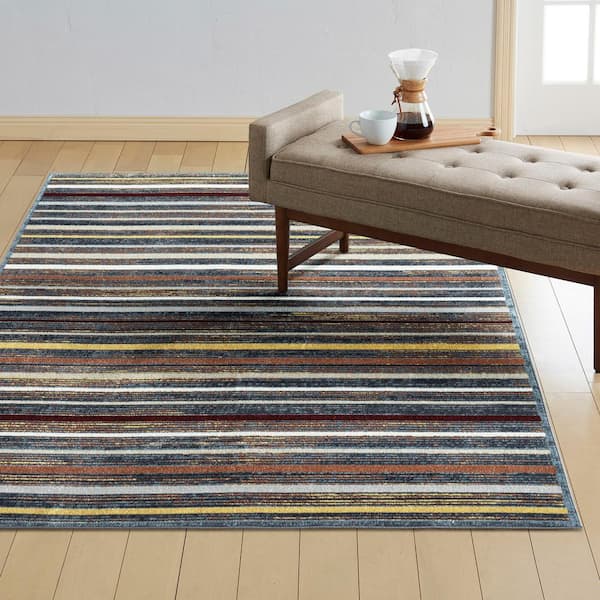 Treasure Striped Blue/Yellow 5 ft. x 7 ft. Striped Machine Washable Runner Area Rug