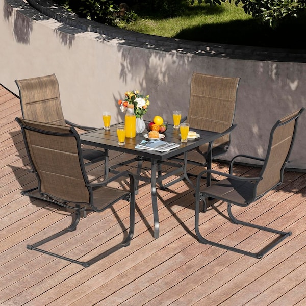 Brown 5-Piece Textilene and Iron Metal Square Outdoor Dining Set with 1.57 in. Umbrella Hole