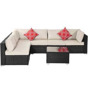 Gray 7-Piece PE Rattan Wicker Outdoor Patio Sectional Set, Sofa Sets with 2 Pillows, Beige Cushions and Coffee Table