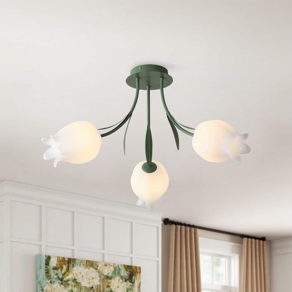 Green Tulip Modern 22.44 in. 3-Light Floral Semi-Flush Mount Nordic Milk White Flower Ceiling Light Fixtures price history on PriceWatchPro
