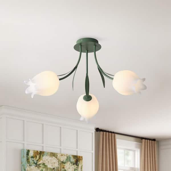 aiwen Green Tulip Modern 22.44 in. 3-Light Floral Semi-Flush Mount Nordic Milk White Flower Ceiling Light Fixtures