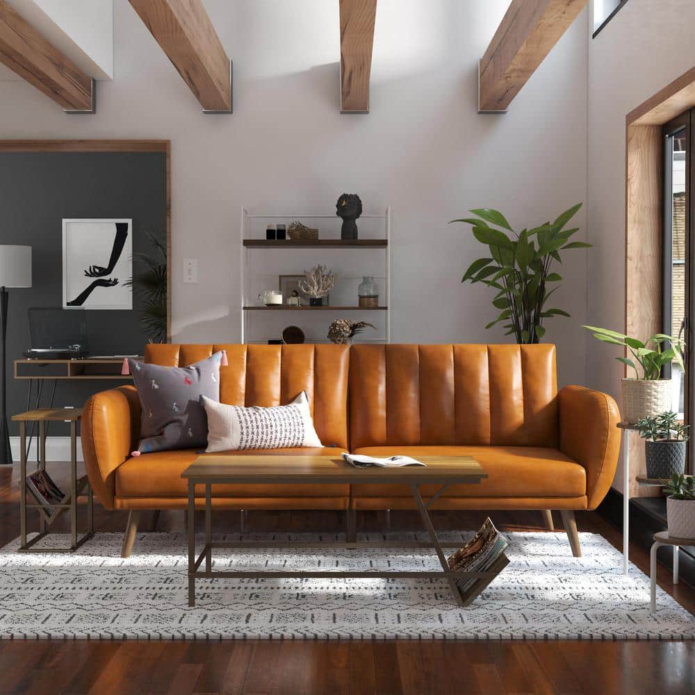 Brittany Camel Faux Leather Convertible Sleeper Sofa