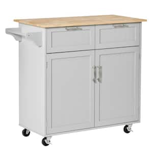 Grey Modern Rolling Kitchen Island, Storage Kitchen Cart Utility Trolley with Rubberwood Top, 2 Drawers