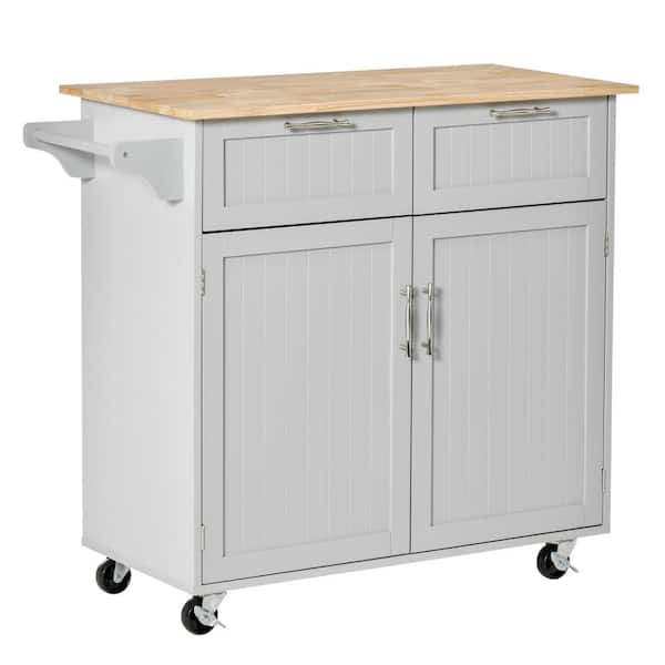 HOMCOM Grey Modern Rolling Kitchen Island, Storage Kitchen Cart Utility Trolley with Rubberwood Top, 2 Drawers