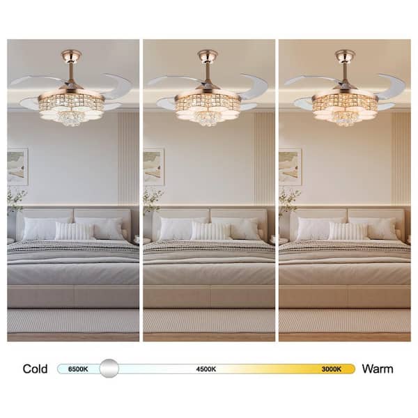 OUKANING 42 in. Indoor Gold Modern Crystal Reversible Ceiling Fan