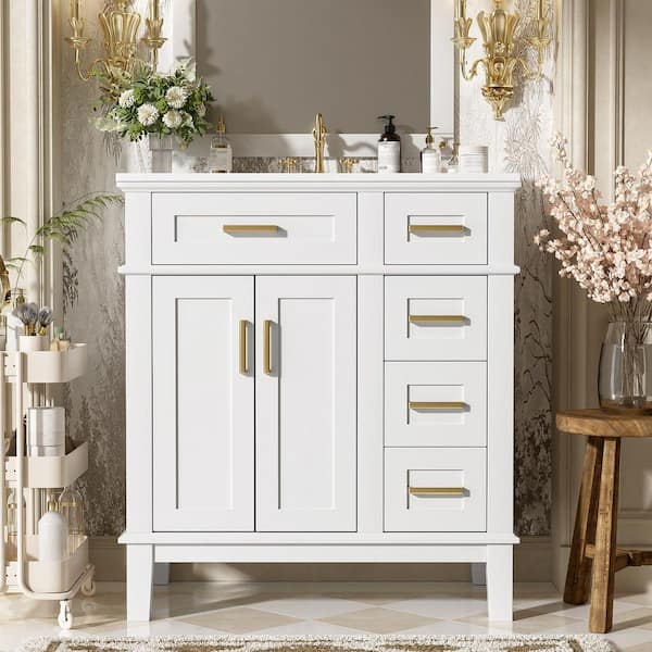 30 in. Single Sink Freestanding White Solid Wood Frame Bath Vanity with White Ceramic Top
