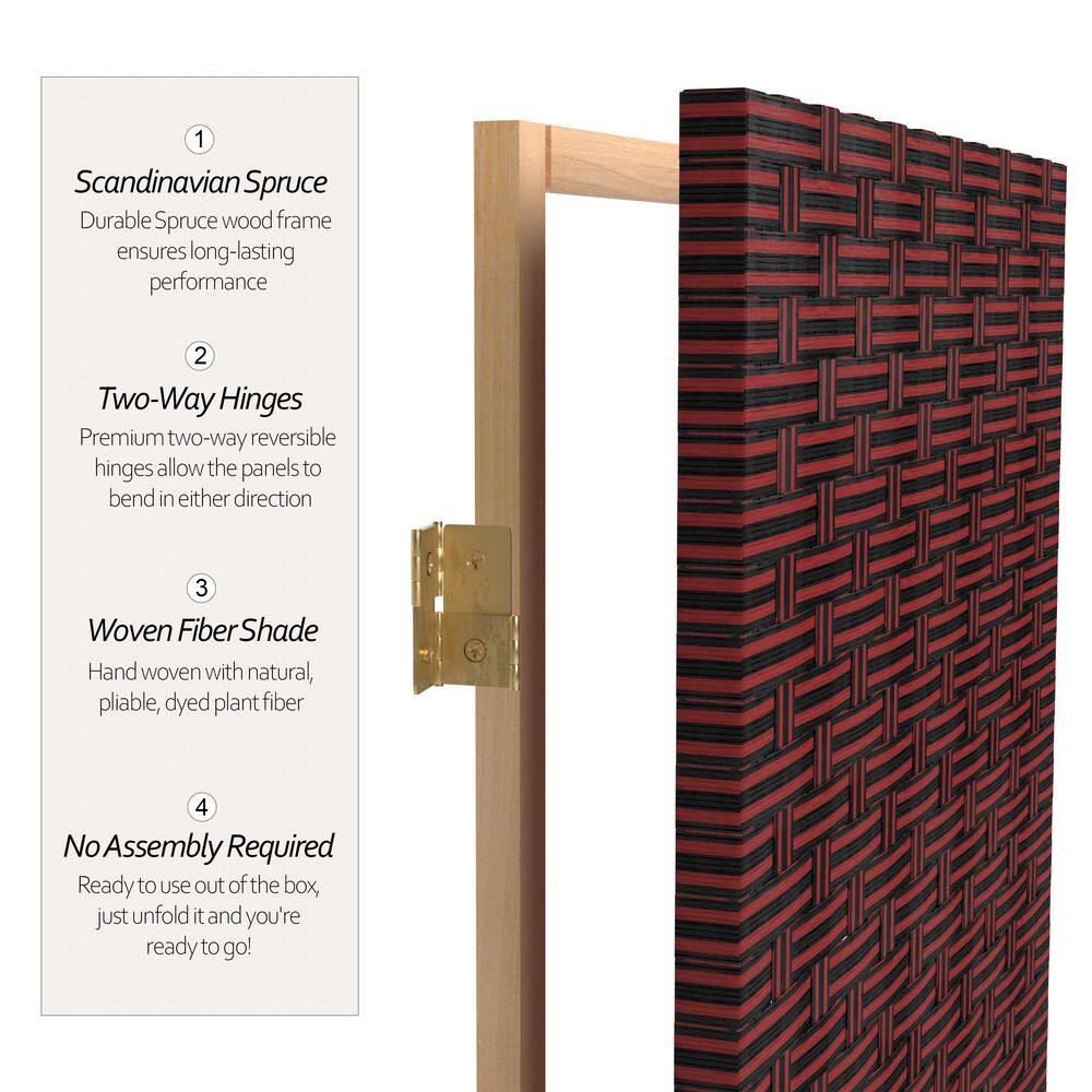 Diagram showing features of the room divider: wood frame, hinges, and fabric.