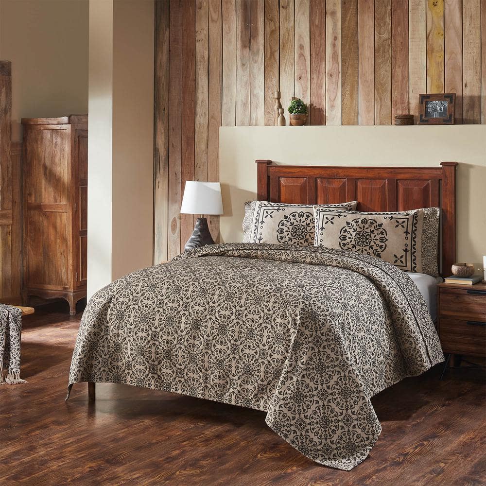 Natural Black Cotton Queen Medallion Coverlet