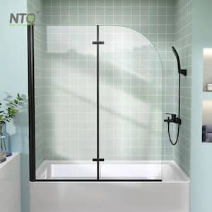 48 in. W x 58 in. H Frameless Bi Fold Bath Tub Door Hinged Tub Glass Shower Door in Matte Black with 1/4 in. Clear Glass