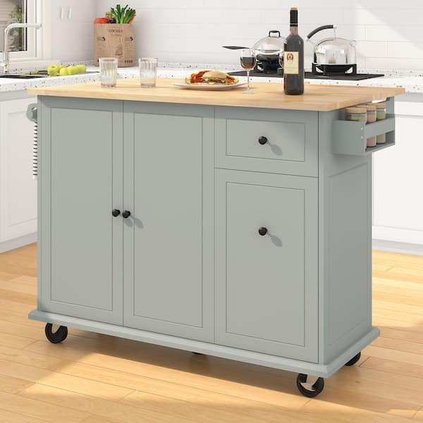 FAMYYT Rolling Gray Drop-Leaf Rubberwood Tabletop 54 in. Kitchen Island ...