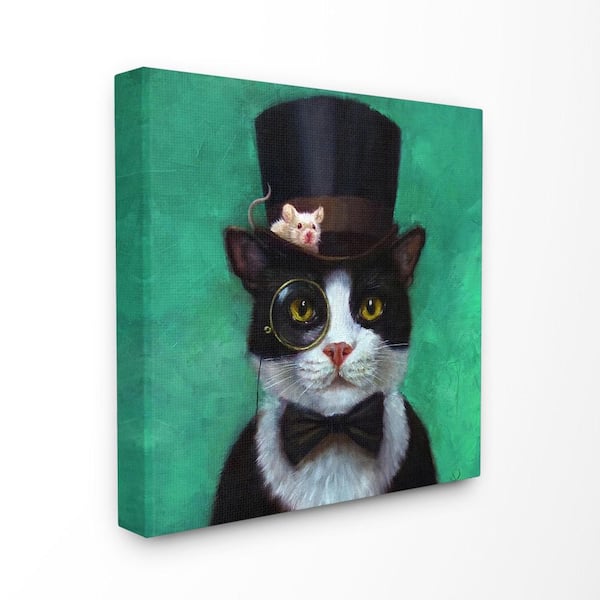 Stupell Industries 17 in. x 17 in. "Good Sir Top Hat Cat with a Mouse and A Monocle Turquoise Painting" by Lucia Heffernan Canvas Wall Art