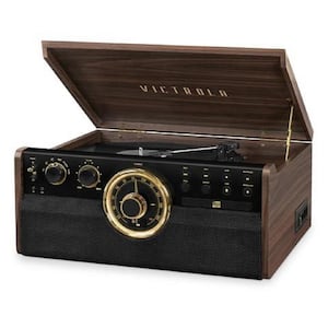 6-in-1 Wood Bluetooth Mid Century Record Player with 3-Speed Turntable, CD, Cassette Player and Radio
