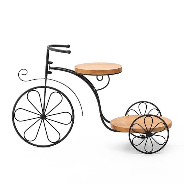 24 in. L Black Metal Tricycle Planter Stand with Natural Solid Wood Tray Kits and Accessories