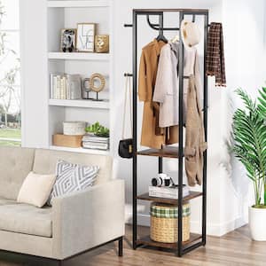 Carmalita Brown Hall Tree with Storage Shelves and 8 Hooks