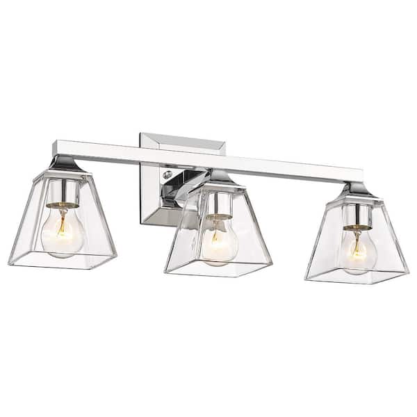 JAZAVA Industrial 22 in. 3-Light Chrome Vanity Light Over Mirror with Clear Glass Shade