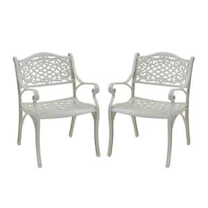 White Unique Back Flower Pattern Cast Aluminum Outdoor Dining Chair (2-Pack)