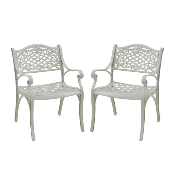 Kadehome White Unique Back Flower Pattern Cast Aluminum Outdoor Dining Chair (2-Pack)