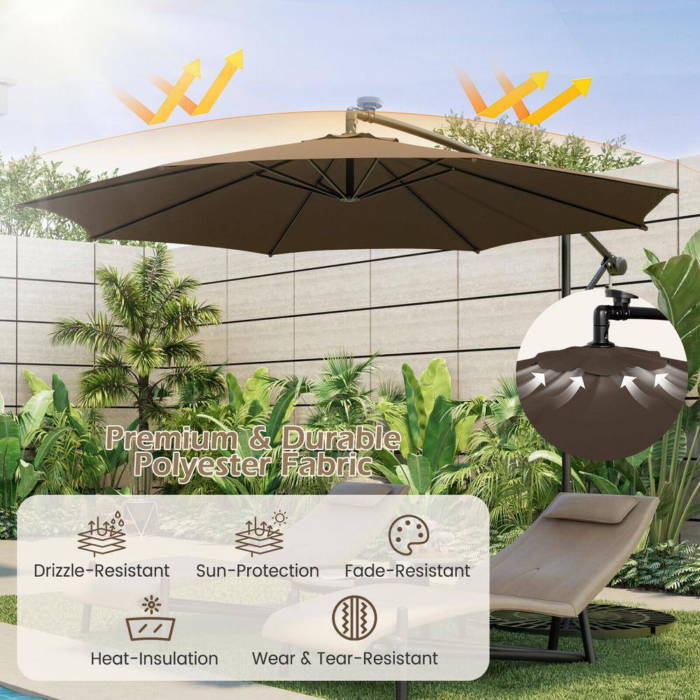 Coffee 10FT Solar-Lighted Cantilever Offset Patio Umbrella