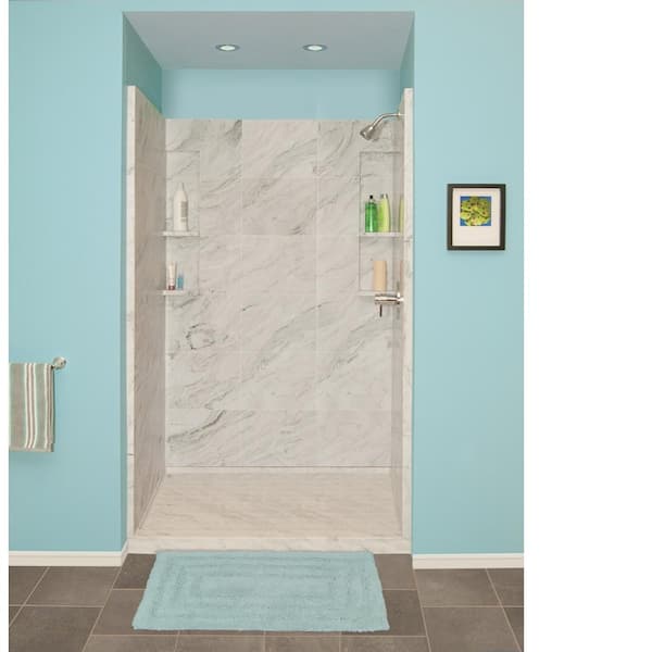 Transolid 48 in. x 34 in. x 80 in. 3-Piece Direct-to-Stud Alcove Shower Wall Set in White Carrara