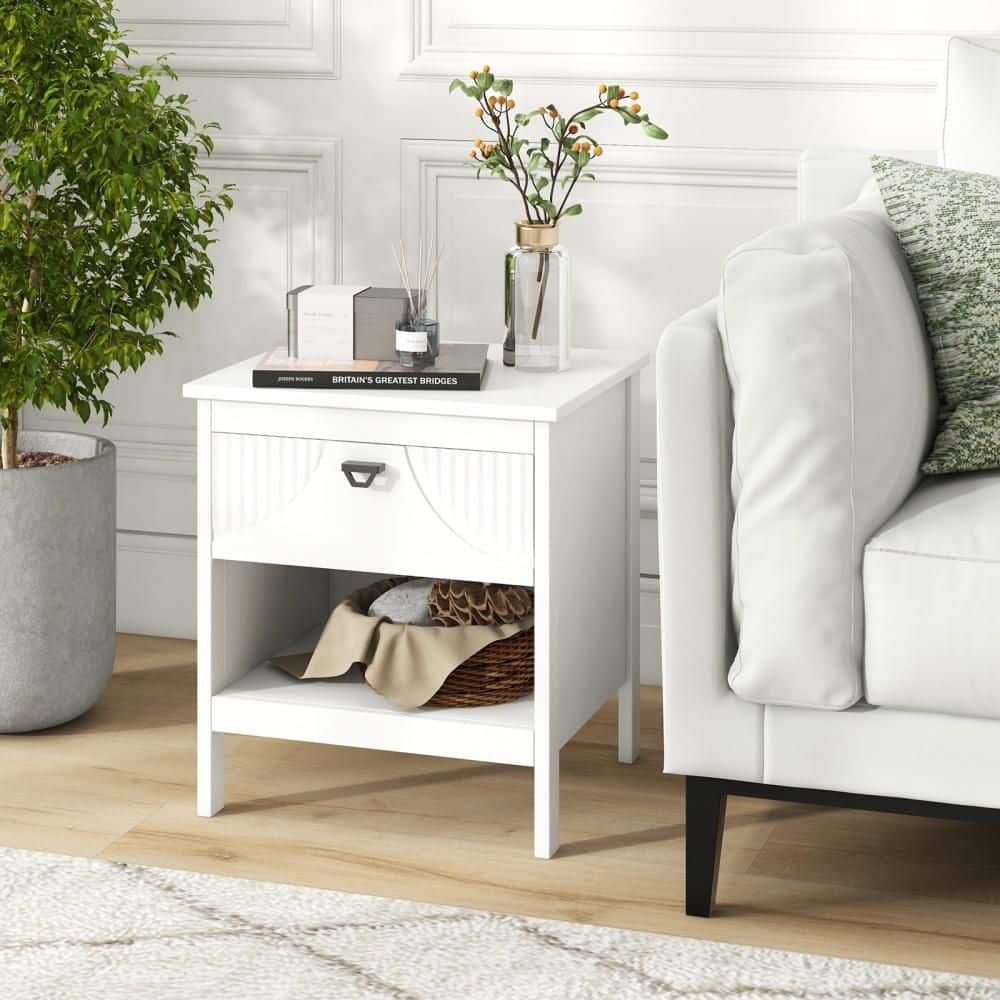 2-tier White End Table Drawer w/ Open Storage Shelf 2 Tiers Nightstand for Bedroom