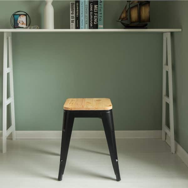 17 in. Medium Decorative Accent Bar Stool for Indoor and Outdoor, Wooden Brown and Metal Black