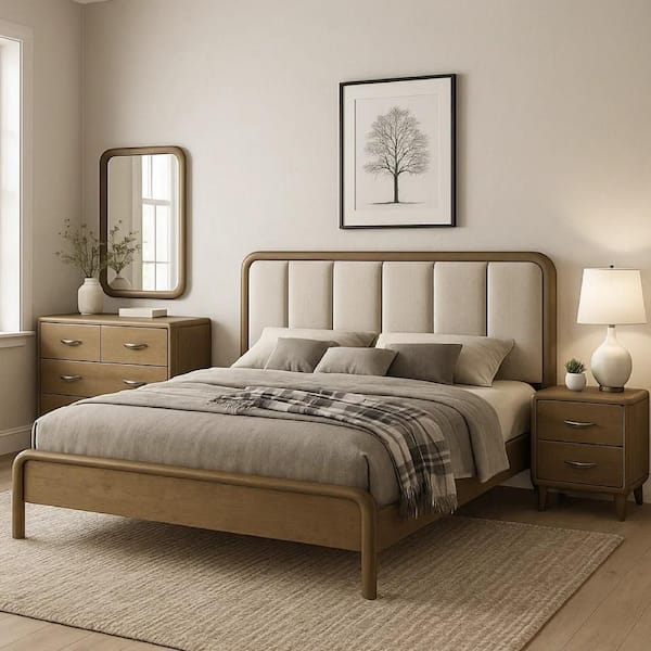 Benjara Deon 4-Piece Nutmeg Brown, Nickel and Beige Wood Queen Bedroom ...