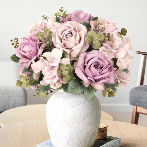LIVING LUXURY 19 in. Dusty Lavender Artificial Elegant Rose Hydrangea Flower Stem Bush Bouquet (Set of 2)