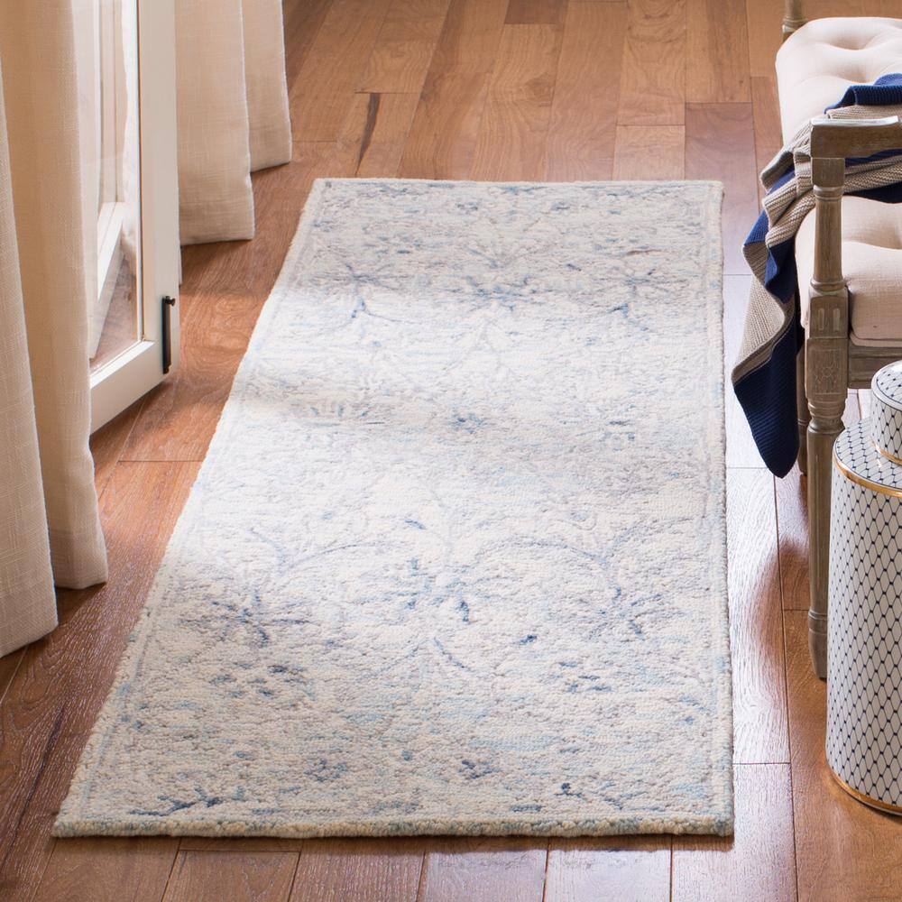 Light Blue and Ivory Hand-Tufted Wool Floral Runner Rug