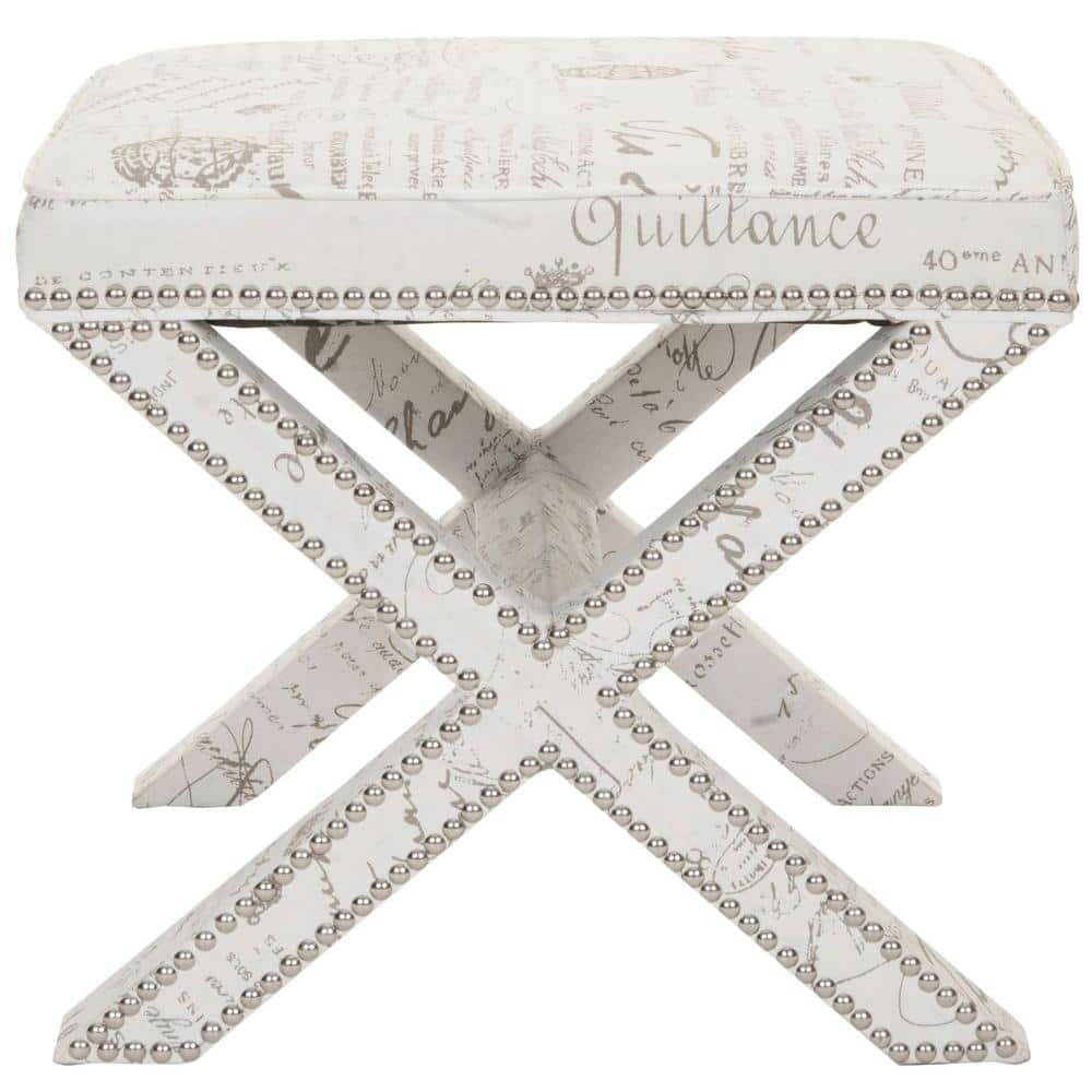 White Cotton Linen Ottoman with Nail Head Trim