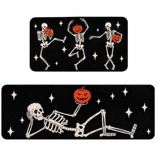 Halloween Skeleton Pumpkin Skull Burlap Kitchen Mat Set of 2 Non Slip Washable Indoor Outdoor
