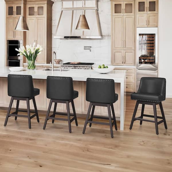 OrangeOne Hampton 26 in. Solid Wood Black Swivel Bar Stools with Back Faux Leather Upholstered Counter Bar Stool Set of 4