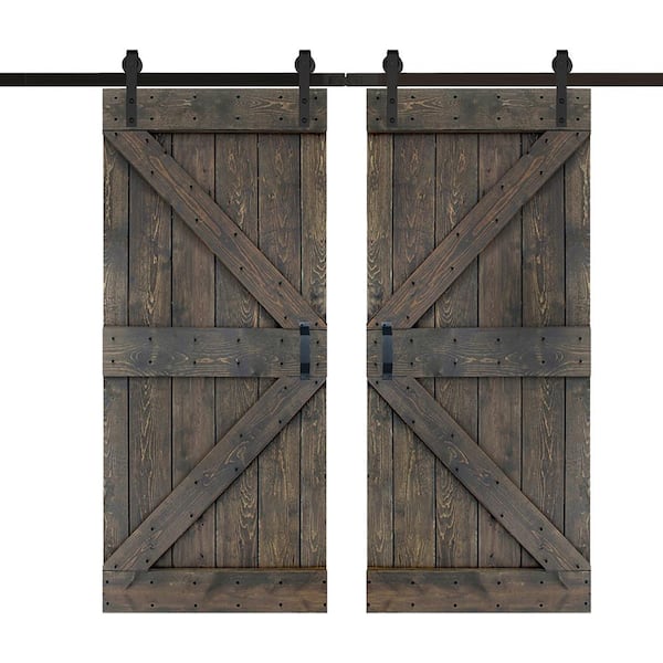 ISLIFE K Series 76 in. x 84 in. Smoky Gray Finished DIY Solid Wood Double Sliding Barn Door with Hardware Kit