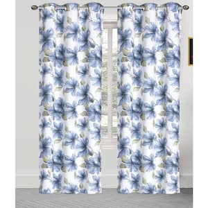 Mackenzie Blue Floral Polyester Thermal 84 in. L x 38 in. W Grommet Blackout Curtain Panel (Set of 2)