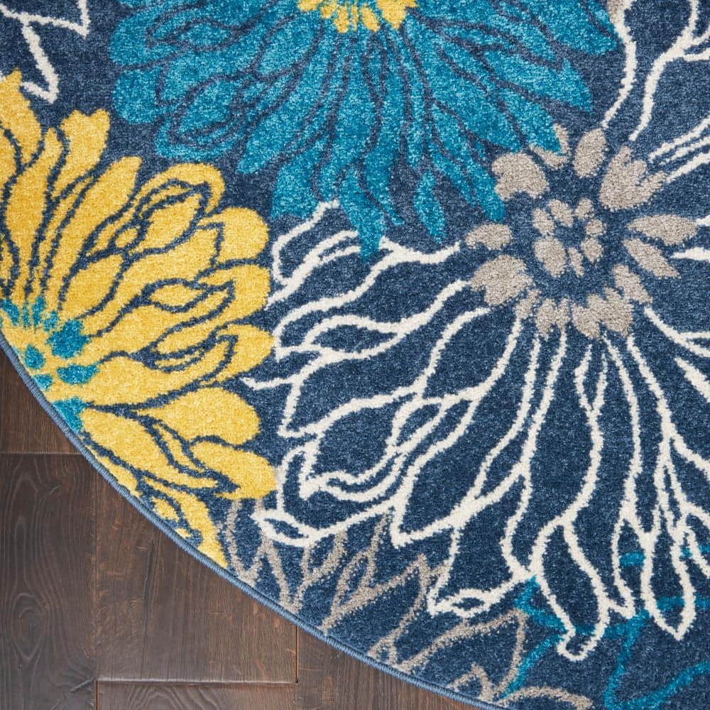 Blue and Yellow Floral Round Synthetic Area Rug, 5'3"
