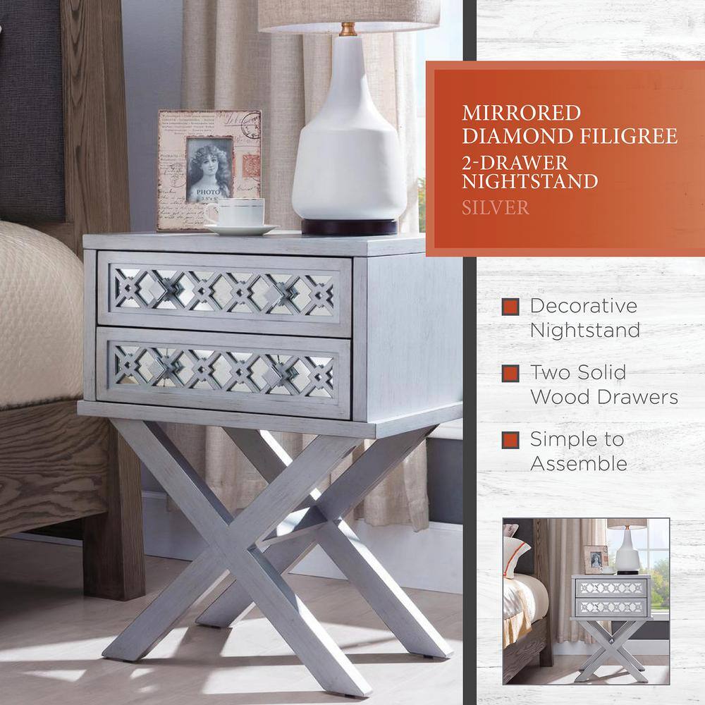 Silver Leaf Mirrored 2-Drawer X Base Nightstand