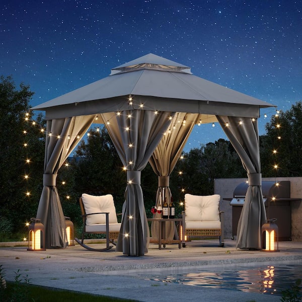 8 ft. x 8 ft. Gray Outdoor Patio Gazebo with Double Roof, Nettings and Privacy Screens