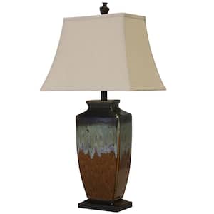 32 in. Brown and Turquoise Table Lamp with Cream Softback Fabric Shade
